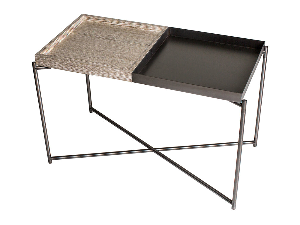 Gillmore Space Iris Rectangle Side Table Weathered Oak Top Tray & Gun Metal Tray 